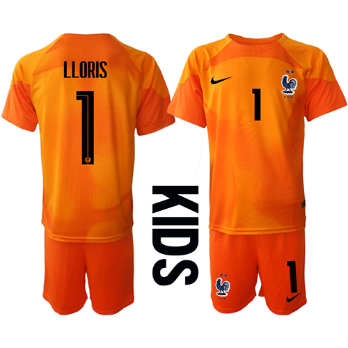 Camiseta Francia Hugo Lloris #1 Portero Primera Equipación Replica Mundial 2022 para niños mangas cortas (+ Pantalones cortos)